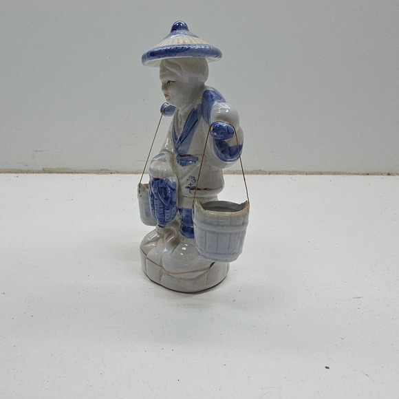 Vintage Chinese Porcelain Blue White Fisherman Figurine Water Buckets and Fish - Picture 2 of 9